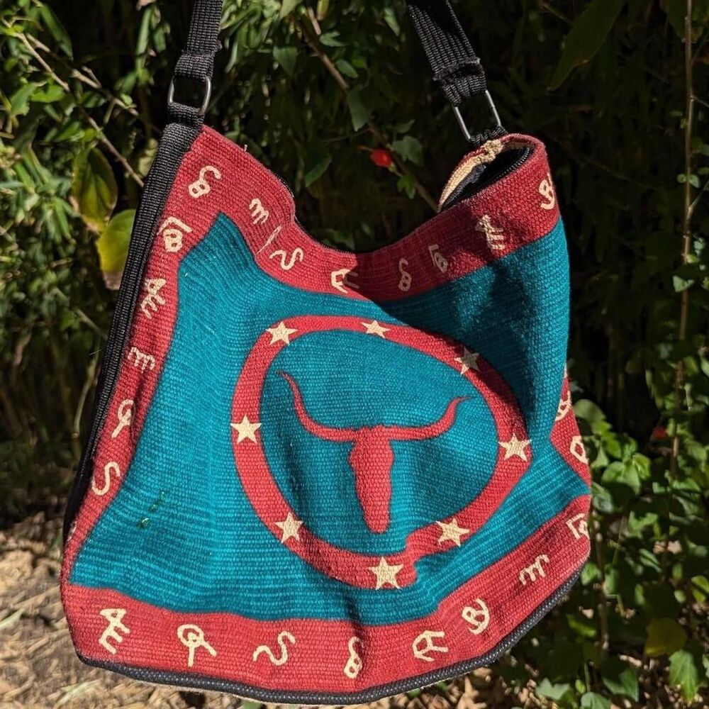 Western Canvas Purse Rodeo Ranch Theme Bull Skull Blue Red Cotton